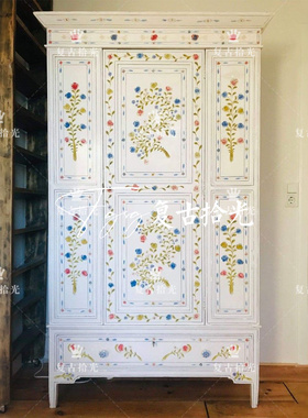 复古拾光法式复古彩绘实木衣柜家用卧室双门白色储物收纳柜大衣橱
