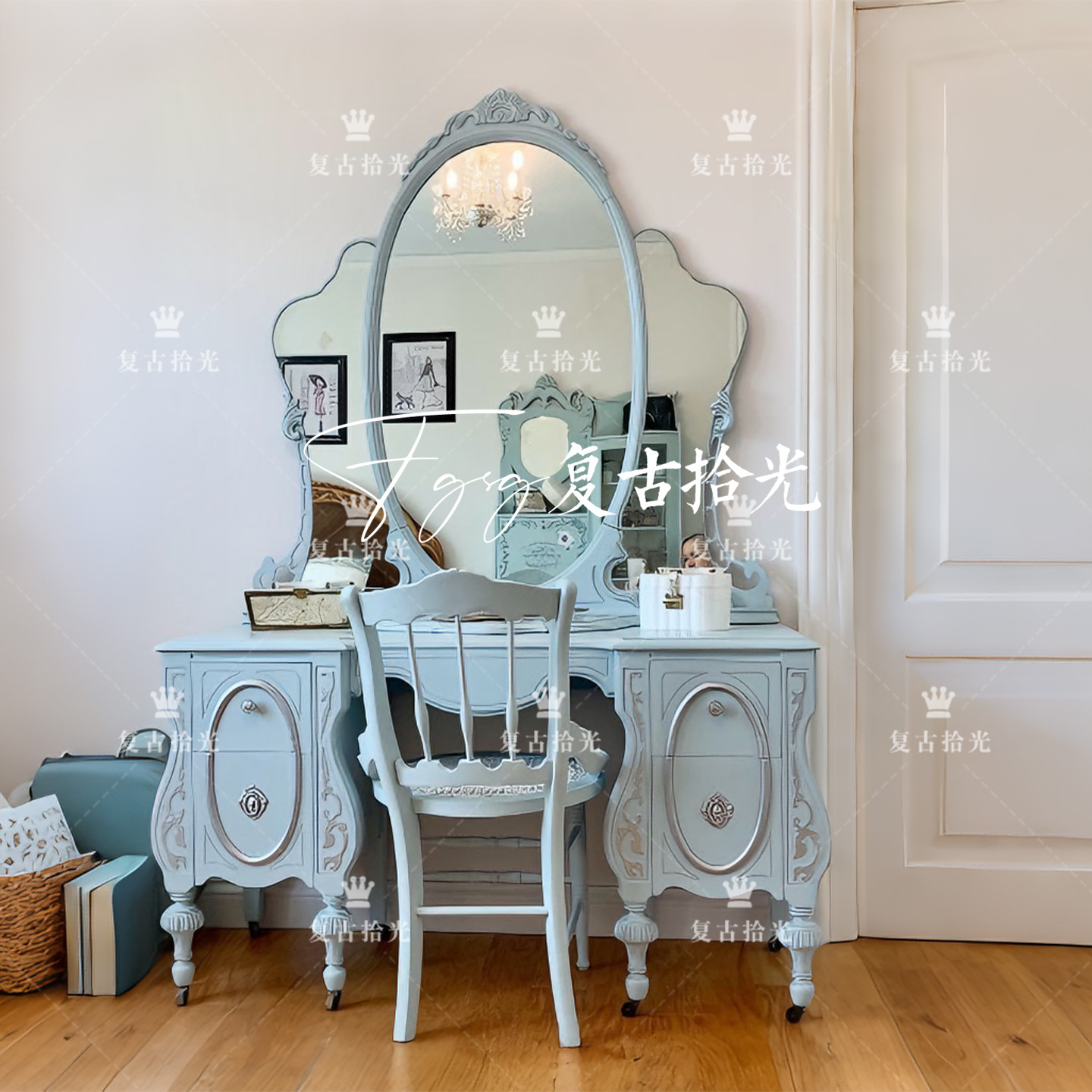 法式复古风实木雕花梳妆台带镜子