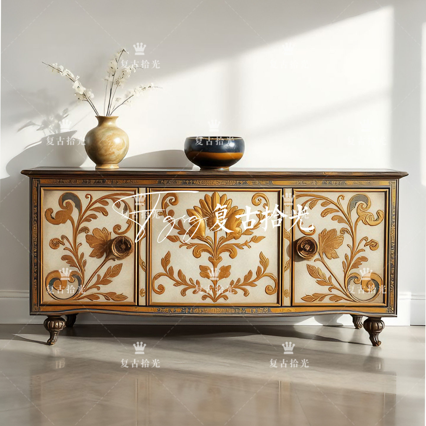 复古拾光 法式复古实木玄关柜 雕花储物柜 客厅彩绘装饰柜可定制,住宅家具,门厅/玄关柜/玄关架,淘宝优惠券,粉丝福利购,淘宝优惠卷