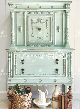 复古拾光 法式复古风雕花玄关柜 绿色实木双层门厅柜 储物收纳柜