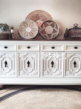 复古拾光法式复古实木雕花玄关柜美式复古白色餐边柜靠墙装饰柜