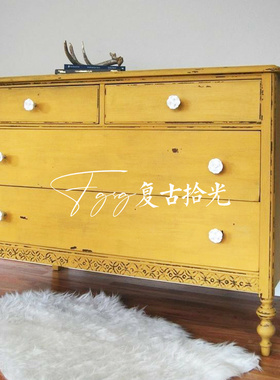 复古拾光法式复古实木雕花斗柜美式复古黄色做旧四斗柜卧室储物柜