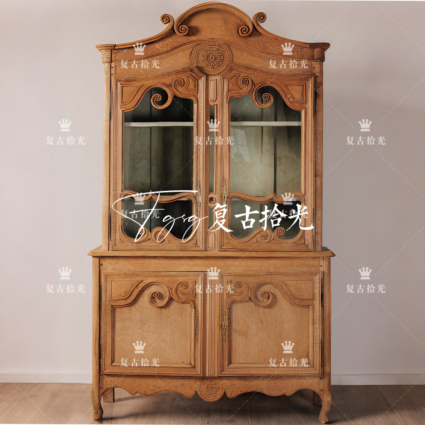 复古拾光 法式复古风实木餐边柜 家用雕花双门储物柜 客厅展示柜
