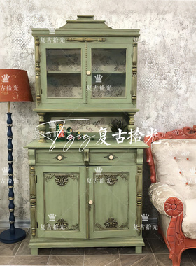 复古拾光 法式复古风实木餐边柜 绿色雕花双门储物柜 家用收纳柜