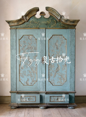 复古拾光 法式复古风雕花衣柜 卧室双门储物柜 蓝色做旧实木衣橱