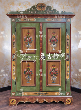 复古拾光 法式复古风手绘对开门衣柜 绿色雕花装饰柜 实木储物柜