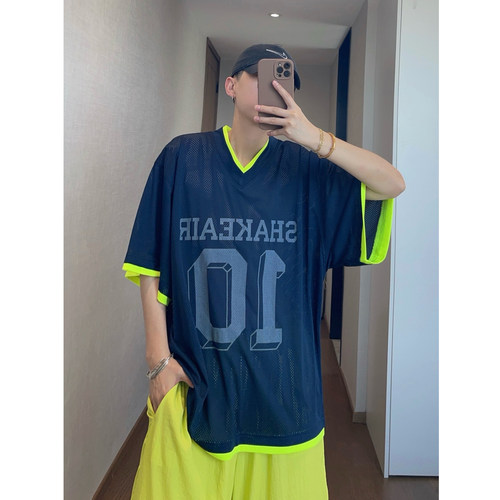 dannyandzee夏季薄款假两件撞色字母印花网眼镂空短袖T恤男球衣