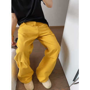 裤 工装 男 复古痞帅黄色帆布水洗小直筒微喇休闲裤 dannyandzee春季