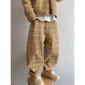 dannyandzee春季 INS 裤 复古水洗饼干色卡其色格子帆布弯刀裤 男工装