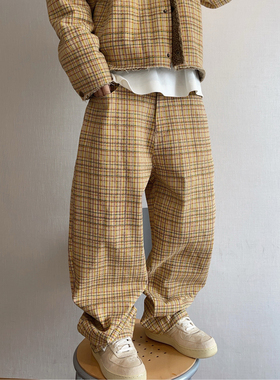 dannyandzee秋冬复古水洗饼干色卡其色格子帆布弯刀裤男工装裤INS