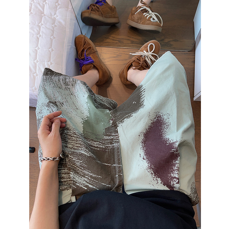 dannyandzee夏季复古做旧水洗帆布满印绿色工装大花短裤男五分裤