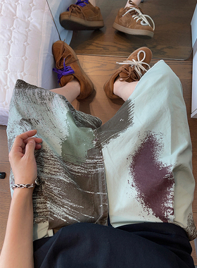 dannyandzee夏季复古做旧水洗帆布满印绿色工装大花短裤男五分裤