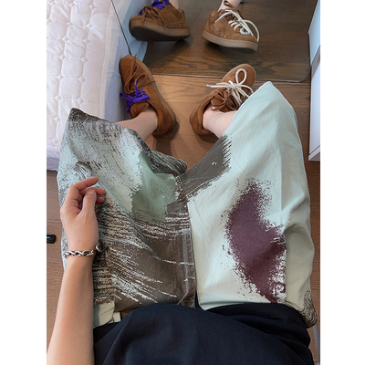 dannyandzee夏季复古做旧水洗帆布满印绿色工装大花短裤男五分裤