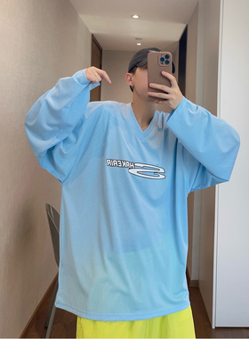 dannyandzee夏季宽松复古浅蓝色网眼V领镂空薄款长袖T恤男球衣INS
