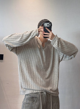 dannyandzee秋季复古百搭米灰色坑条针织V领长袖T恤男打底衫情侣
