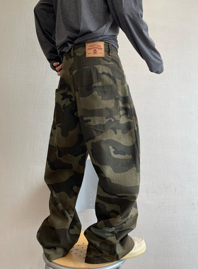 dannyandzee秋冬复古重水洗做旧喷色帆布迷彩工装裤直筒裤男长裤