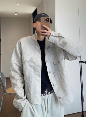 dannyandzee春夏薄款做旧浅灰色百搭宽松毛边翻领短款夹克外套男
