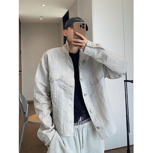 dannyandzee春夏薄款做旧浅灰色百搭宽松毛边翻领短款夹克外套男