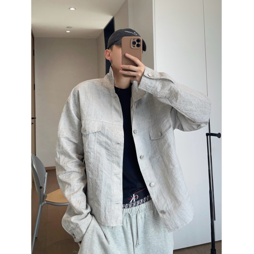 dannyandzee春夏薄款做旧浅灰色百搭宽松毛边翻领短款夹克外套男