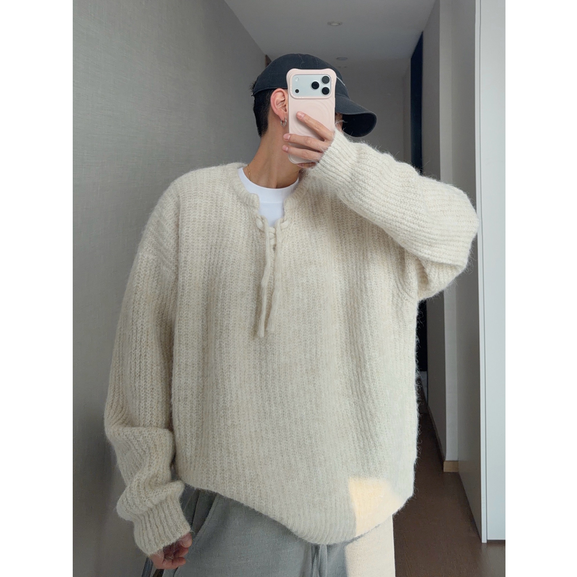 dannyandzee秋冬复古百搭纯色拉毛抽绳设计款圆领套头毛衣男情侣