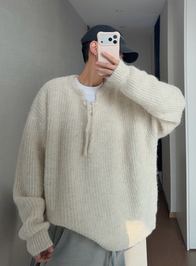 dannyandzee秋冬复古百搭纯色拉毛抽绳设计款圆领套头毛衣男情侣