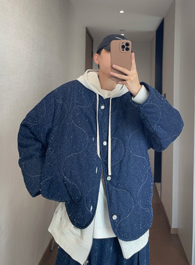 dannyandzee秋冬复古蓝色牛仔满天星破洞绗棉无领纽扣棉衣厚外套