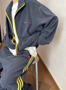 dannyandzee春季复古藏青色立领宽松灯芯绒撞色拉链夹克外套男INS