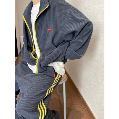 dannyandzee春季复古藏青色立领宽松灯芯绒撞色拉链夹克外套男INS