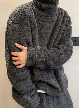 dannyandzee秋冬复古慵懒风炭灰色加绒加厚保暖打底高领卫衣男INS