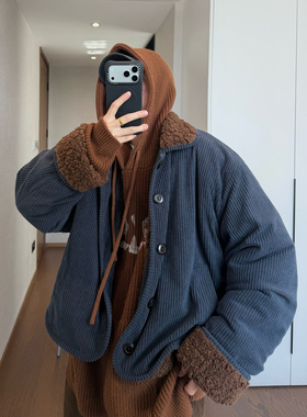 dannyandzee秋冬复古藏青色粗条灯芯绒咖色云朵毛绒翻领保暖棉衣