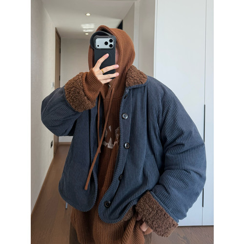 dannyandzee秋季复古藏青色粗条灯芯绒咖色云朵毛绒翻领保暖棉衣
