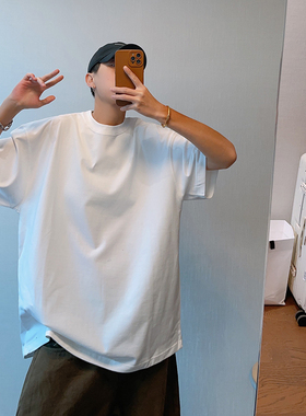 dannyandzee秋冬百搭复古310克重磅棉纯色落肩短袖T恤男半袖体恤