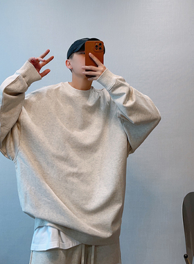 dannyandzee秋季潮牌百搭纯色宽松330g毛圈棉套头情侣圆领卫衣男