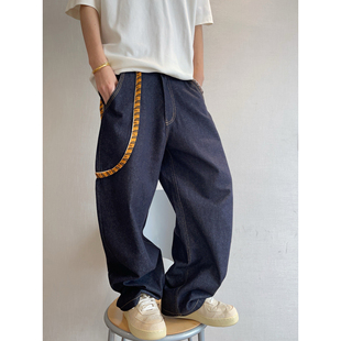 INS 男弯刀裤 dannyandzee春季 复古百搭藏青色原牛色虎纹织带牛仔裤