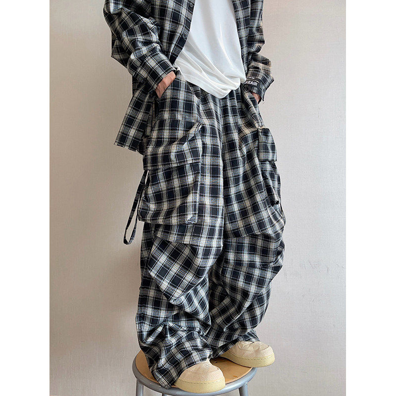 dannyandzee秋季复古百搭宽松大口袋黑白色织格子裤长裤男拖地裤