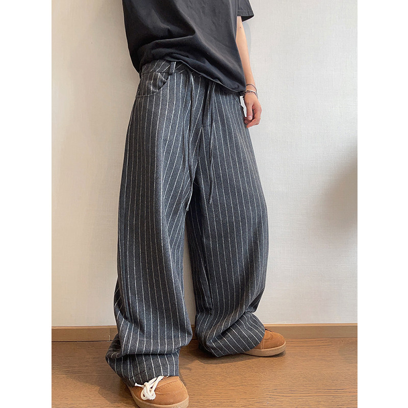 dannyandzee秋季复古宽松50羊毛呢料灰色竖条纹直筒裤休闲裤男INS