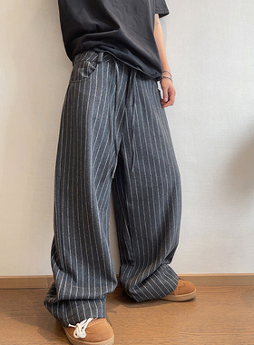 dannyandzee秋季复古宽松50羊毛呢料灰色竖条纹直筒裤休闲裤男INS