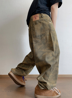 dannyandzee秋季复古330g斜纹帆布军绿色扎染做旧工装弯刀裤男INS