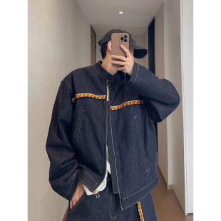 dannyandzee春季 复古原牛色虎纹织带藏青宽松立领牛仔夹克外套男