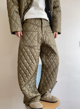 dannyandzee冬季复古保暖纯色加厚菱格绗棉工装棉裤男直筒裤长裤
