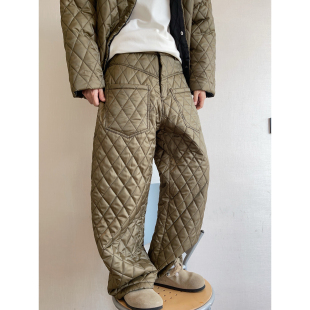 长裤 dannyandzee冬季 男直筒裤 棉裤 复古保暖纯色加厚菱格绗棉工装
