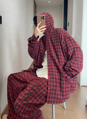 dannyandzee春季宽松复古百搭红黑格子痞帅连帽长袖衬衫外套男INS