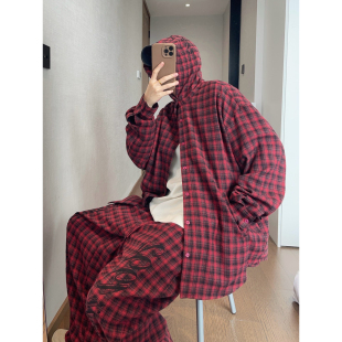 外套男INS 衬衫 dannyandzee春季 宽松复古百搭红黑格子痞帅连帽长袖