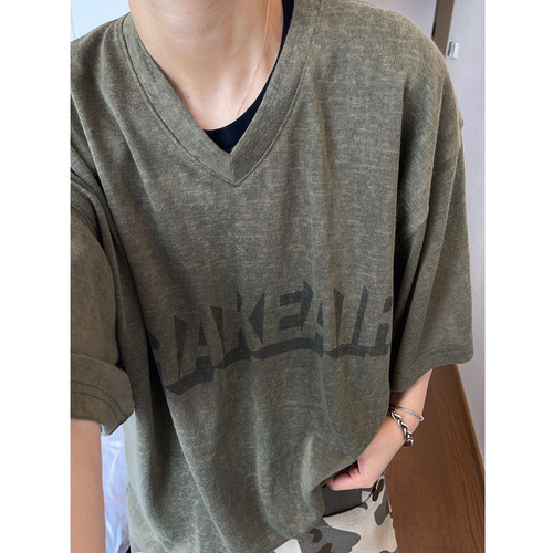 dannyandzee夏季复古百搭军绿色半透V领薄款宽松短袖T恤男球衣INS