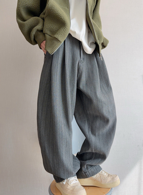 dannyandzee秋冬复古重水洗加绒加厚保暖竖条纹牛仔裤锥形裤男INS