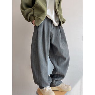 dannyandzee秋冬复古重水洗加绒加厚保暖竖条纹牛仔裤锥形裤男INS