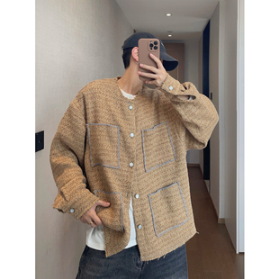 dannyandzee秋季复古卡其色小香风粗纺呢料毛边编织夹克外套男INS