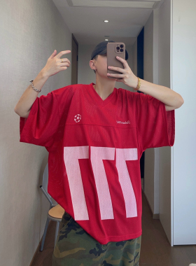 dannyandzee夏季复古百搭红色V领宽松网眼镂空薄款短袖T恤男球衣
