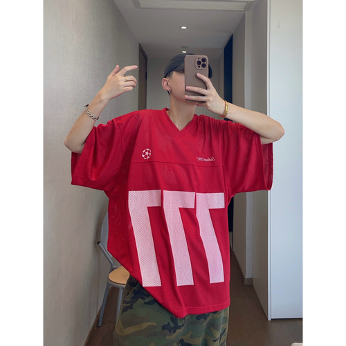 dannyandzee夏季复古百搭红色V领宽松网眼镂空薄款短袖T恤男球衣
