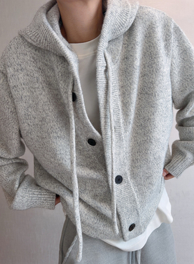 dannyandzee冬季加厚重磅纯色连帽宽松百搭叠穿纽扣厚毛衣外套男